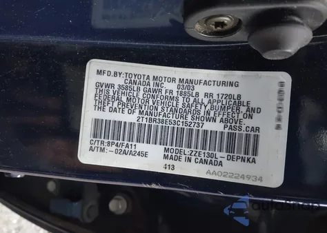 2003 Toyota Corolla Le from USA, damaged, VIN 2T1BR38E53C152737